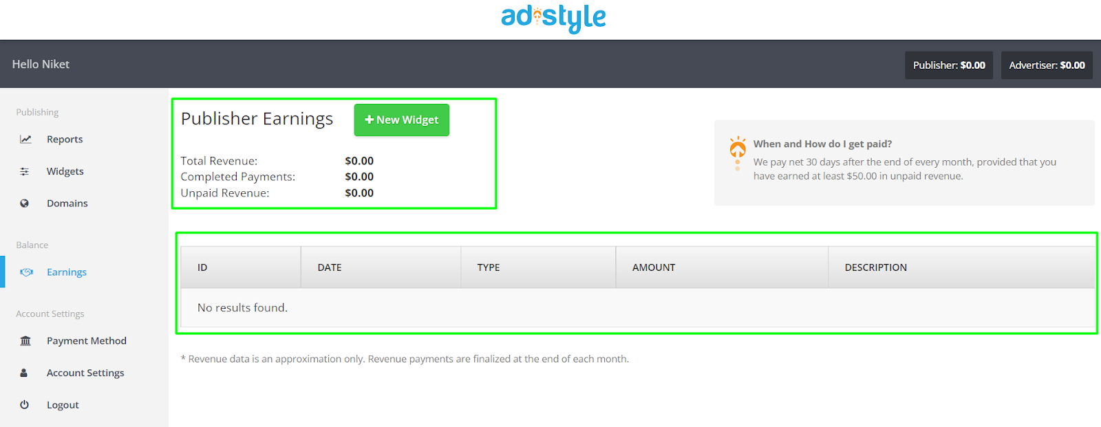 all your earnings are here from Adstyle